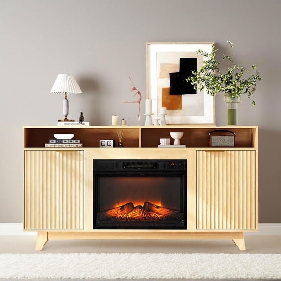 Barara King Oak Media Console with 23 Inch Fireplace, Double Grid Doors, Gold Handles and Shelves, Brown