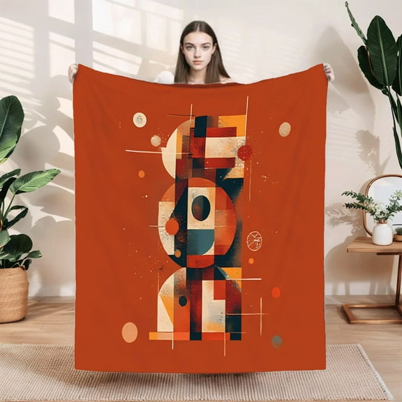 Durable Soft Flannel Blanket - Cozy Orange & Red Geometric Design Perfect for Sofa Travel Bed and Chair - Warm & Stylish