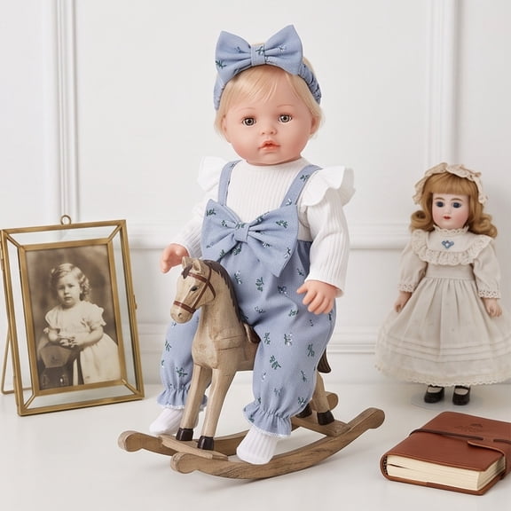 QuanTara Blue Doll Jumpsuit with Bow Headband, 2-Piece Spring Autumn Outfit for 18in Baby Dolls, Cute Hooded Romper & Hat Set, Soft Cloth Doll Clothes Gift