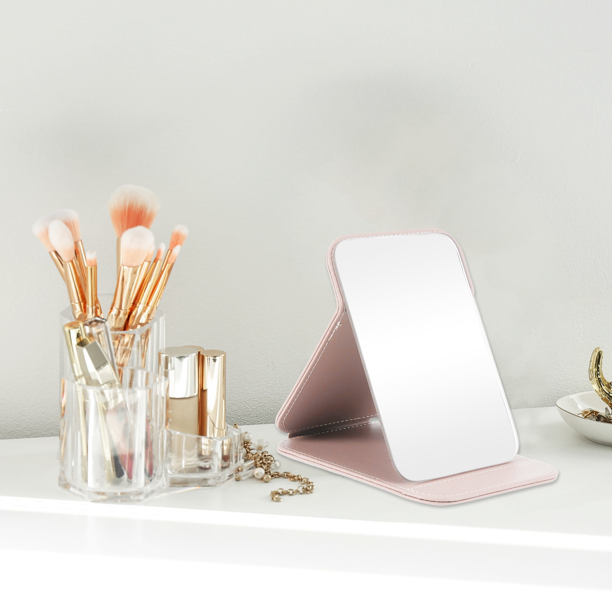 Unique Bargains 1Pc Foldable Small Makeup Mirror for Travel Pink Small