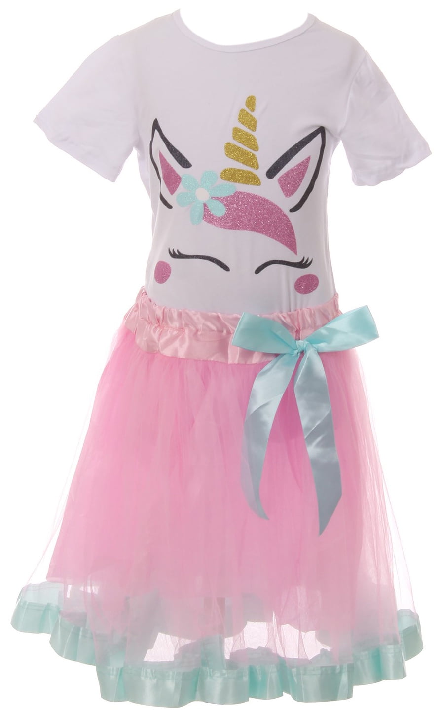 Little Girls 2 Pieces Skirt Set Holiday Party Birthday T-Shirt Top Dress Set