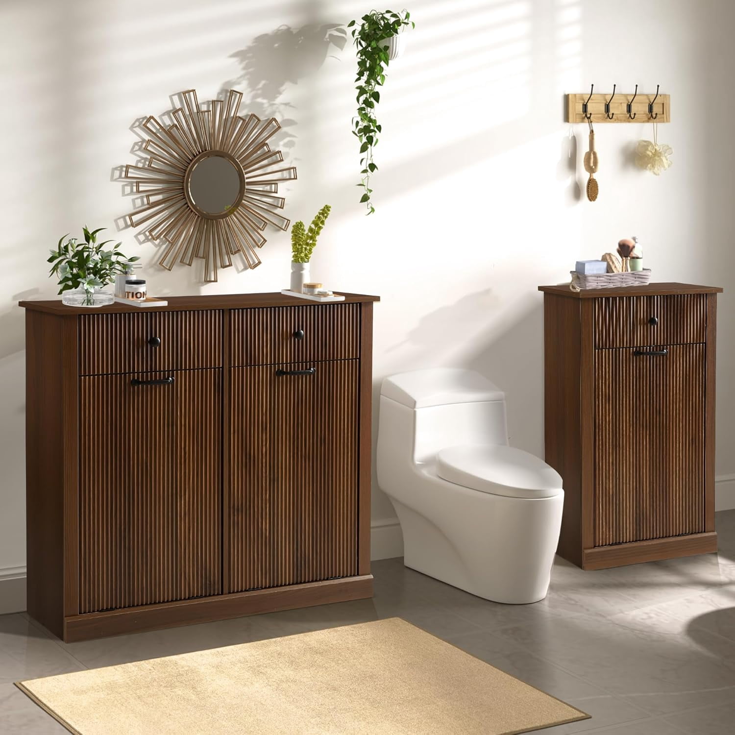 Magic Union Tilt Out Fluted Laundry Hamper Cabinet, 11 Gallon Hidden Laundry Hamper, Wooden Trash Can Cabinets with Drawer, Modern Garbage Can Cabinet for Bathroom, Kitchen, Living Room