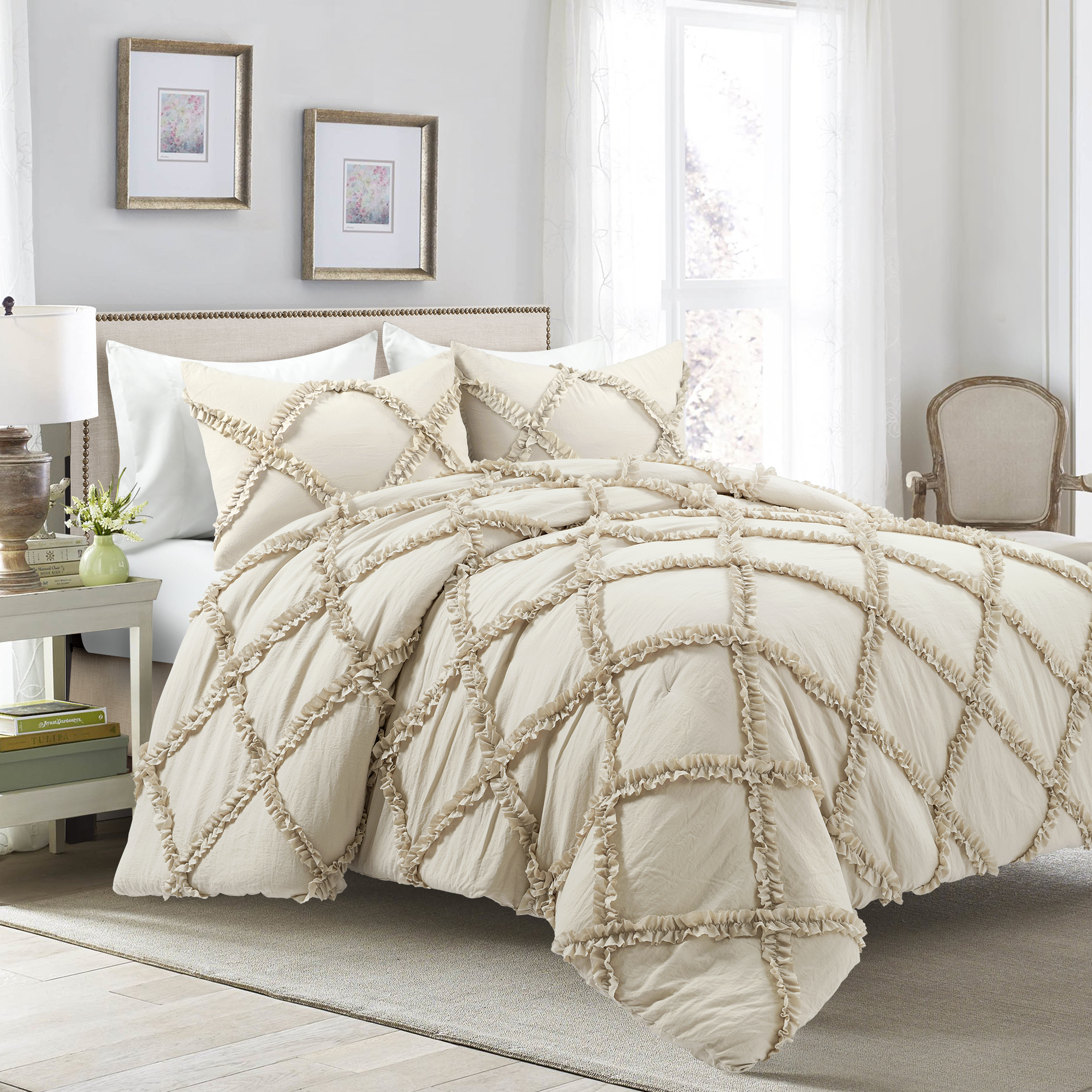 Ruffle Diamond Comforter Set Neutral 3Pc Set King