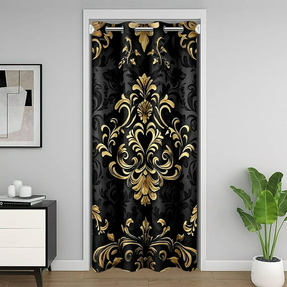 Manfei Gold Baroque Damask Door Curtain For Doorways 34x80, Hippie Flower Floral Black Out Curtain, Vintage Victorian Door Curtain Hanging Decoration, Breathable Bedroom Decorative