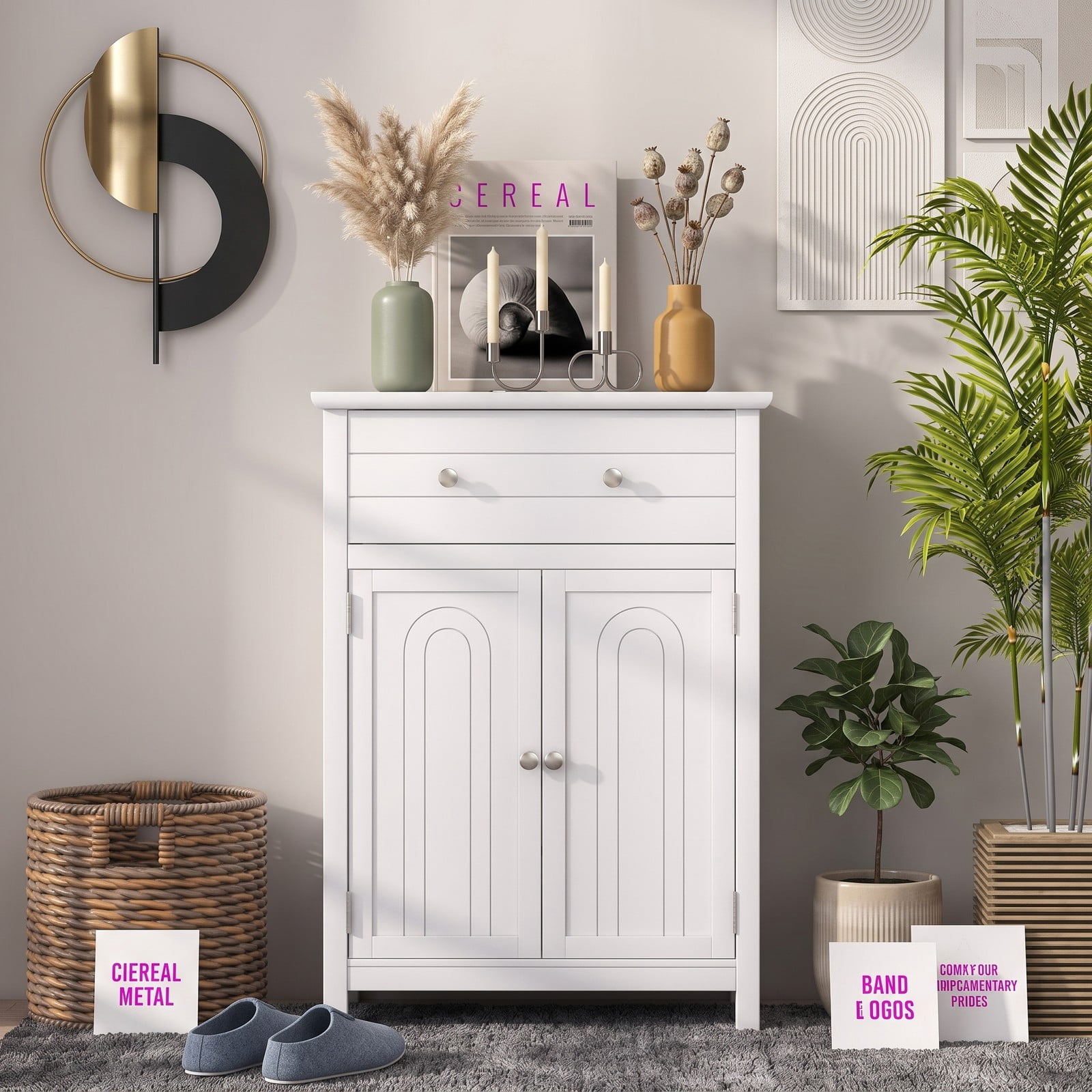 Fenbeli Free Standing Bathroom Storage Cabinet, 2-Door Floor Cabinet with Large Drawer and Adjustable Shelf, Waterproof MDF Side Organizer for Bathroom Living, White