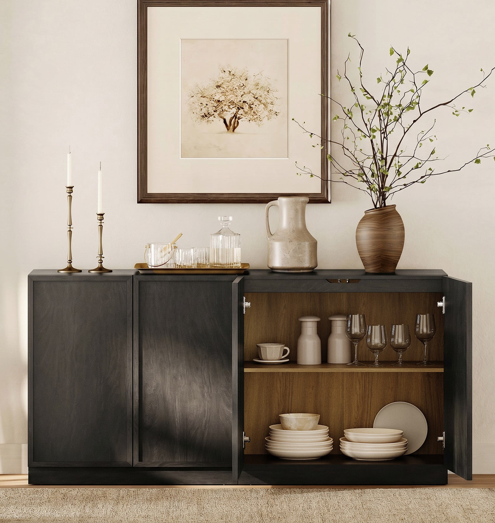63" Modern Sideboard Buffet Cabinet with 4 Doors, Multifunctional Sideboard with Large Storage and Adjustable Shelf, Black
