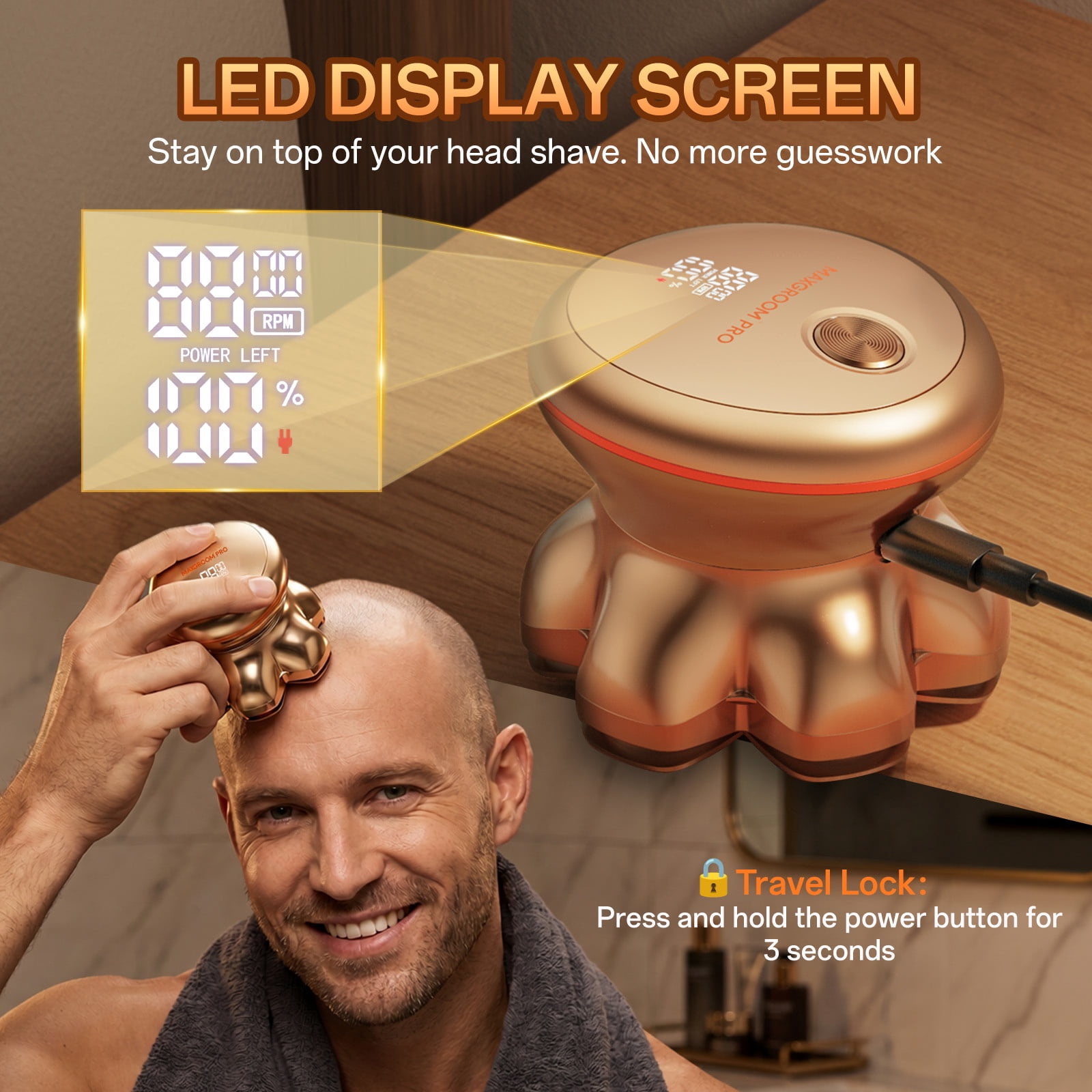 MAXGROOM® Head Shavers for Bald Men, Dual-Speed Waterproof Electric Razor with 7D Floating Heads, Close Shaving, Magnetic Detachable Blades, 140Minutes Runtime, Wet/Dry Shave, Gifts for Men (Gold)