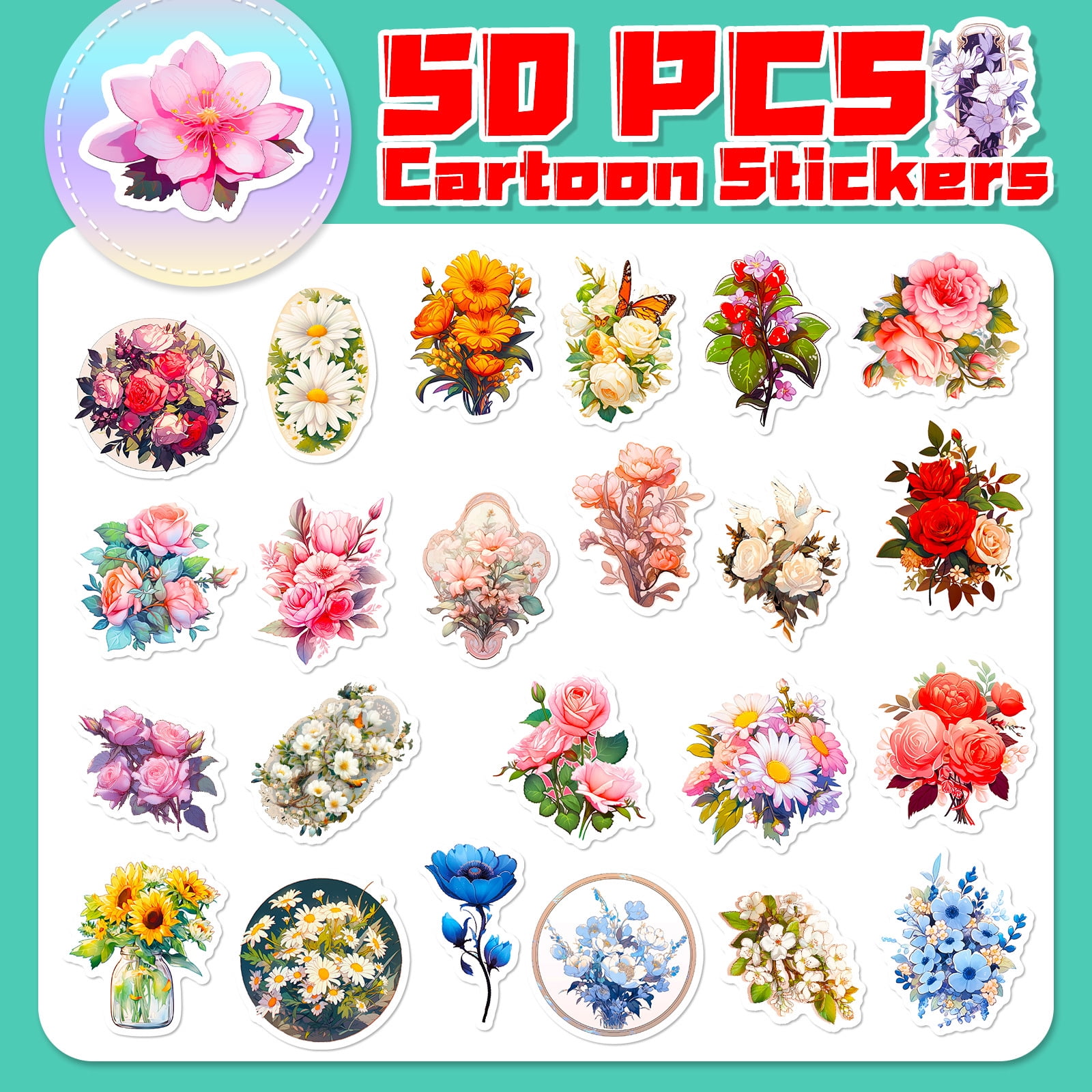 50-Pack Vintage Floral Stickers - Retro Flower Plant Doodles, Creative Journal Stickers for Scrapbook, DIY, and Decorating