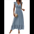 thumbnail image 2 of Vestido de Verano para Mujer, Elegante, con Escote en V, Volantes, Mangas Sueltas, Cintura Plisada, para Invitada de Boda. Azul XXL, 2 of 7