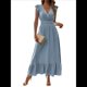 thumbnail image 2 of Vestido de Verano para Mujer, Elegante, con Escote en V, Volantes, Mangas Sueltas, Cintura Plisada, para Invitada de Boda. Azul L, 2 of 7