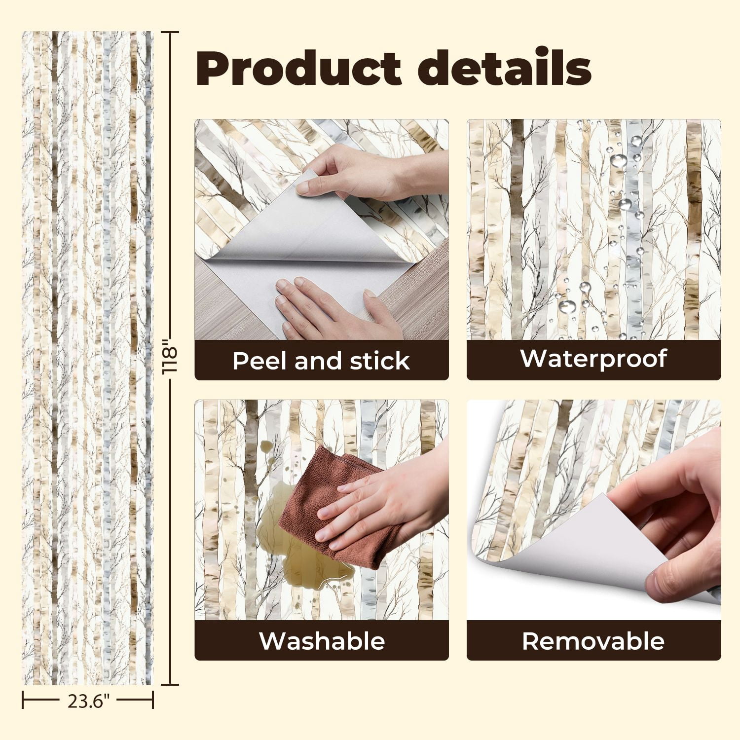 Peel and Stick Wallpaper Watercolor Birch Trees Soft Earthy Tones Branches Wall Mural 23.6in x 9.8ft Self Adhesive Removable Wall Paper Renter Friendly Wallpaper for Bedroom Livingroom Office Studio