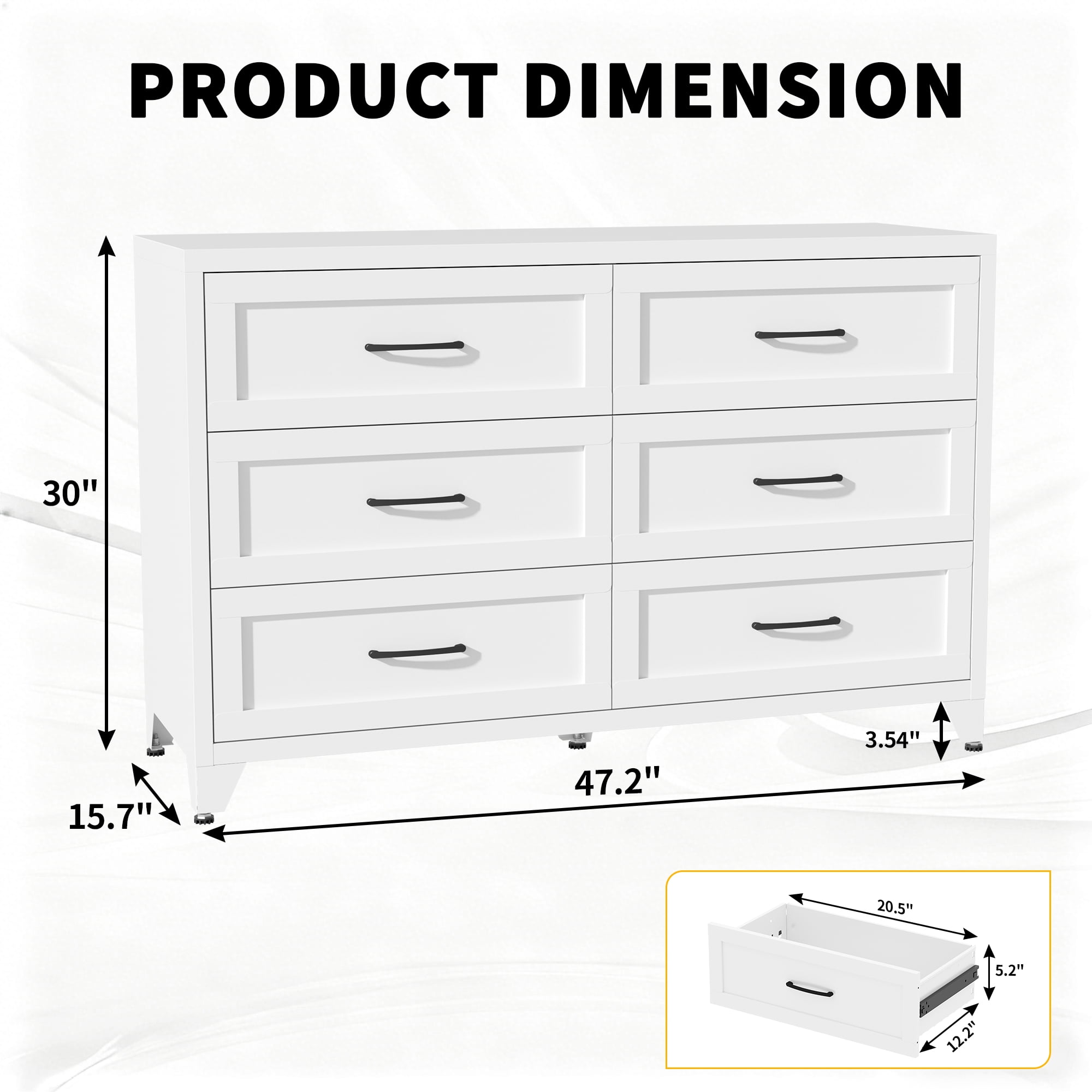 ShiKeyi 6 Drawer Dresser for Bedroom, Modern Metal Wide Storage Chest with Metal Handles and Legs, White