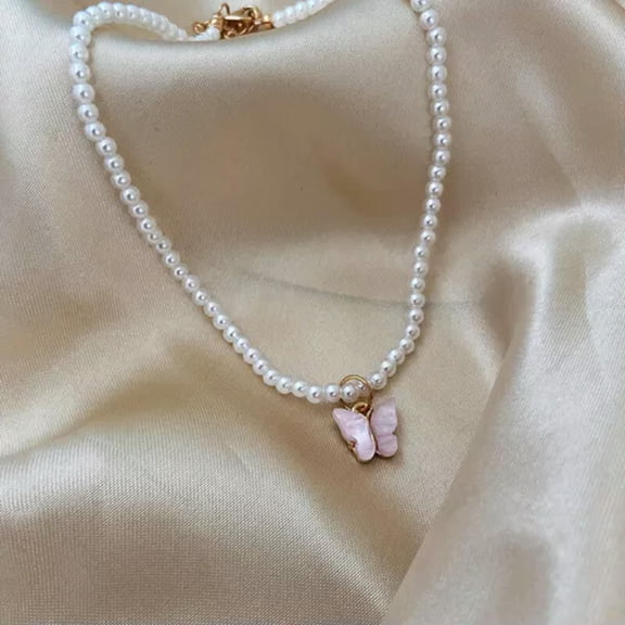 HOOUN Simple Opal Butterfly Pendant Necklace Elegant Imitation Pearl Chain Choker#-Pink-