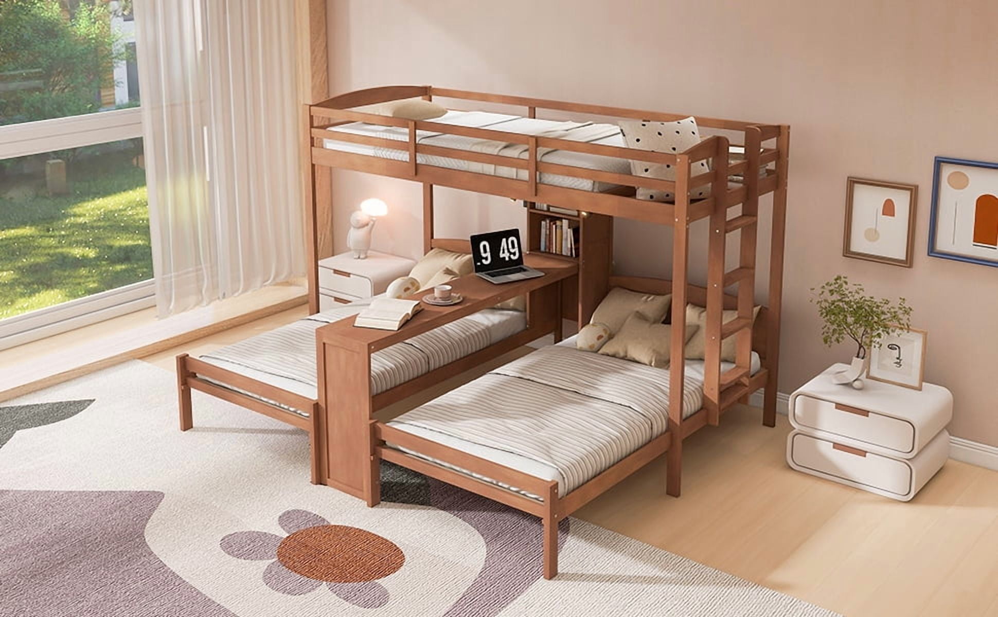 Mintazer Twin over Twin over Twin Bunk Bed with Desk, Bunk Bed with Reading Lamp and Storage Shelves, Brown