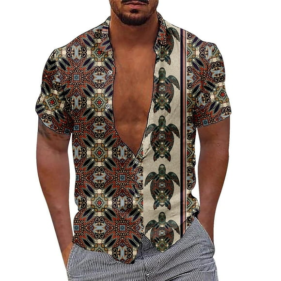 Wyzesi Plaid Shirt Mens Short Sleeve Summer Fashion Bohemian Turtle 3D Digital Print Casual Loose Creative Short Sleeve Shirt Wool Shirts for Men Travel Light Weight