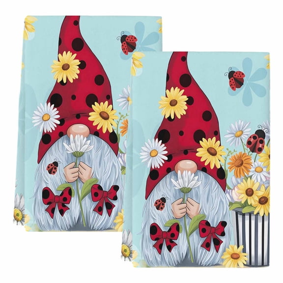 Dish Towels, Daisy Gnome Absorbent Kitchen Towels 2 PCS, Flower Spring Floral Blue Microfiber Hand Towels Dish Cloths Tea Towels for Home Bathroom Cleaning Drying,18X28-Inch,