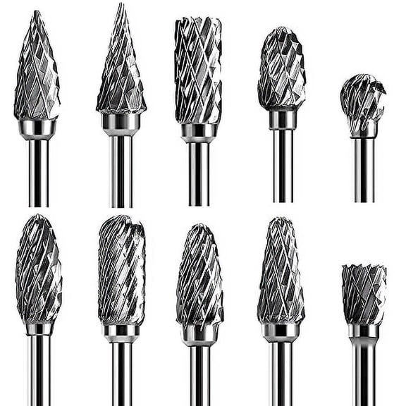 Double Cut Carbide Rotary Burr Set - 10 Pcs 1/8" Shank,1/4" Head Length Tungsten Steel for Woodworking,Drilling,Metal Carving,Engraving,Polishing