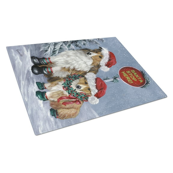 Carolines Treasures PPP3188LCB Sheltie Christmas Santa Stop Glass Cutting Board Large, 12H x 16W, multicolor