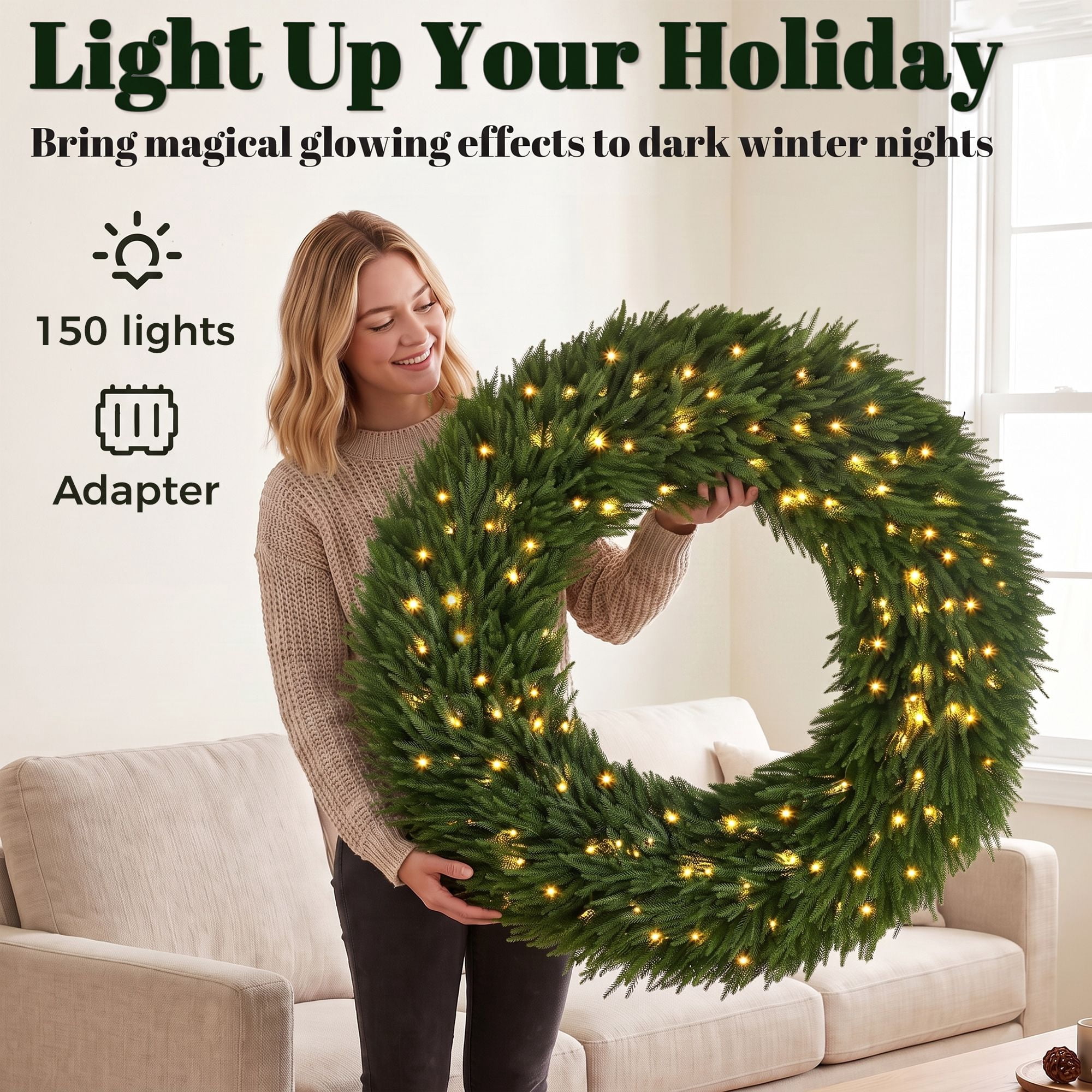Pre-Lit Artificial Christmas Wreath, 48 in Norfolk Pine with 150 Warm White LED Lights, 770 Tips, Indoor and Covered Outdoor Holiday Door Decor