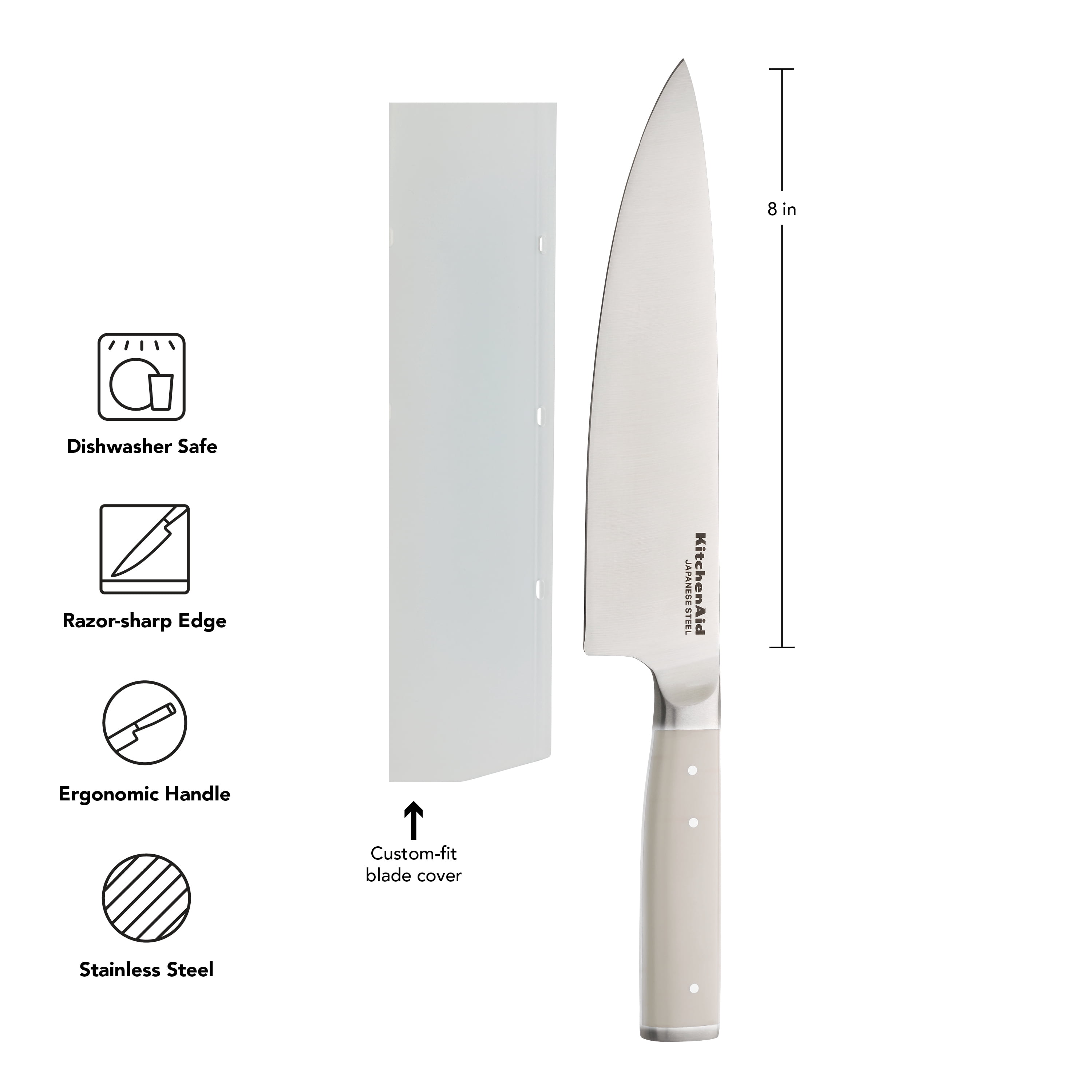 KitchenAid Gourmet Forged Chef Knife with Custom-Fit Blade Cover, 8-inch, Sharp Kitchen Knife, High-Carbon Japanese Stainless Steel Blade, Milkshake