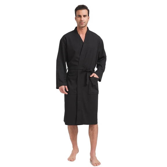 FashGudim Mens Lightweight Waffle Knit Robe Soft Kimono Spa Bathrobes Knee Length Summer Robes (Black,XXL)