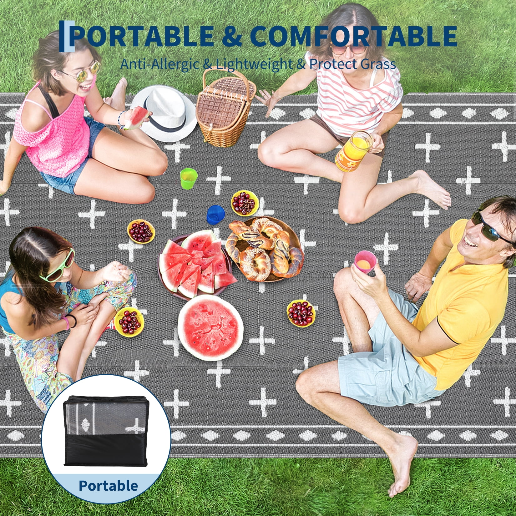 Volkmi Reversible Geometric Outdoor Rug – Waterproof, UV Resistant Low-Pile Plastic Mat for Patio, Garden, Camping, Easy to Clean, Large Area Carpet, Grayish White 9*12 ft