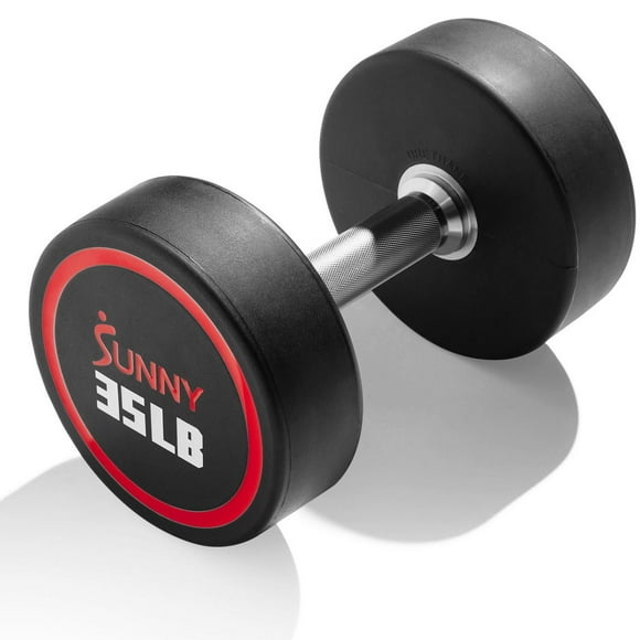 Sunny Health & Fitness Premium Polyurethane Commercial Grade Round Dumbbell 35LBS with Diamond Knurled Handle, Durable Strength Training Equipment for Home Gym, Single