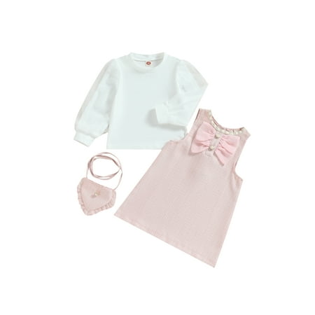 Kids Girls Luxury 3 Piece Outfits Long Sleeve Tops Pink Bow Decor Tank Dress Crossbody Bag Fall Spring Sets