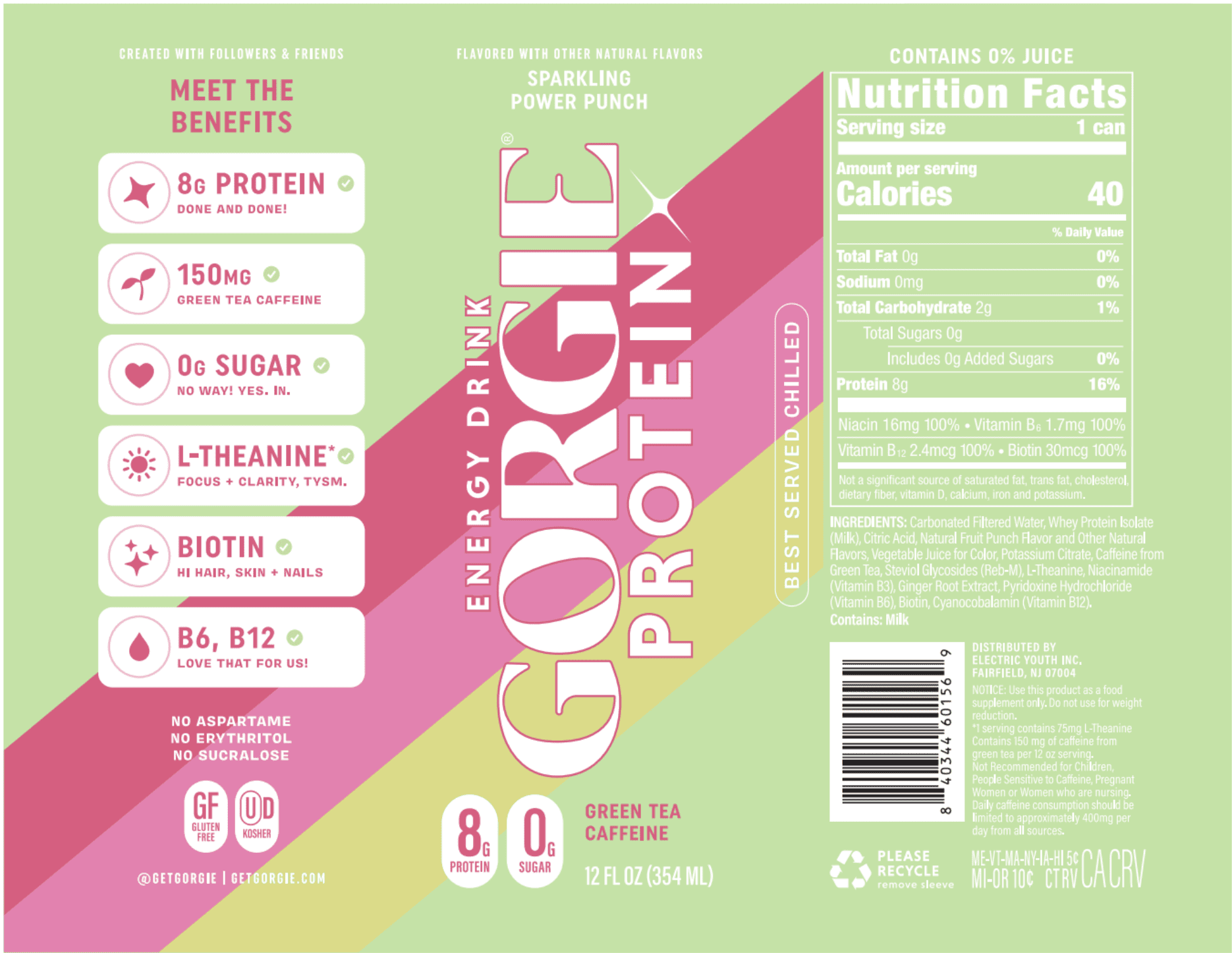 GORGIE Protein Sparkling Energy Drink, Power Punch, 0 Sugar, Natural Caffeine from Green Tea, 12 fl oz Can