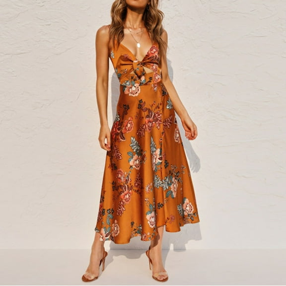 SDJMa Women's Short Sleeve Pleated Loose Swing Casual Dress Women Summer Fashion Sexy Floral Printed V-neck Hollow Lace Up Sling Dress