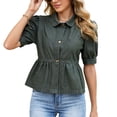 thumbnail image 2 of Karymi Shirts for Women Denim Peplum Blouse, Collar Short Sleeve Button-Down Shirt, Puff Sleeve Ruffled Hem Babydoll Top Workout Tops for Women, 2 of 9