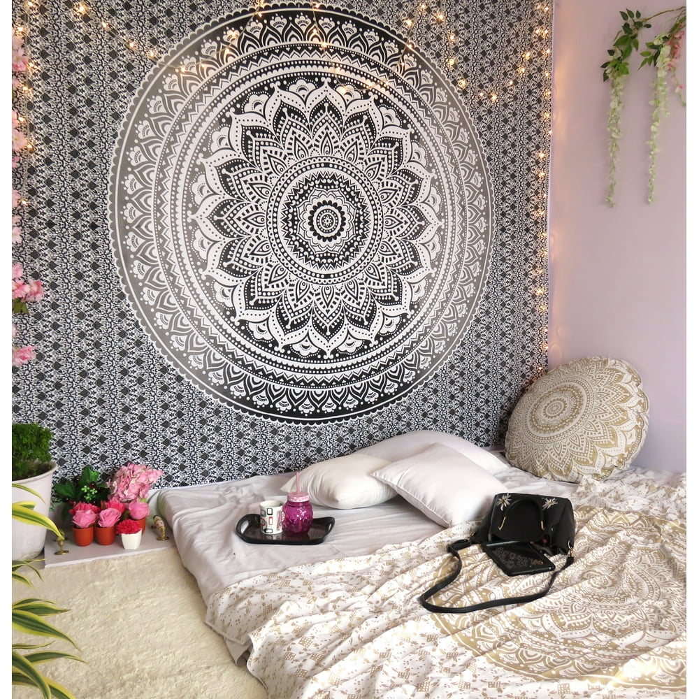 Gray Decorative Mandala Tapestry Boho Indian Wall Hanging College Dorm