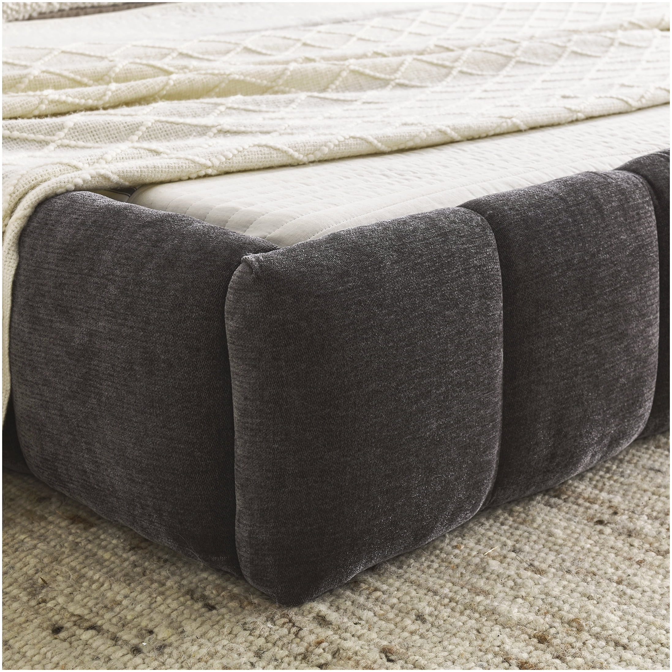 Modern Upholstered Queen Bed Frame with Headboard, Dark Grey Chenille Fabric, Sturdy Platform Base, No Box Spring Needed
