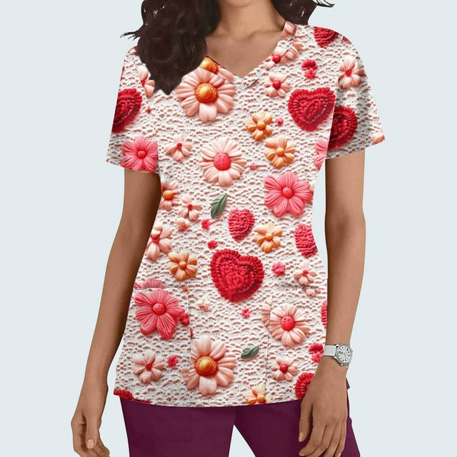 Soki Tuniques d'Infirmière pour Femmes Décontractées à Col en V, Imprimé Graphique de la Saint-Valentin, Manches Courtes, avec Poche
