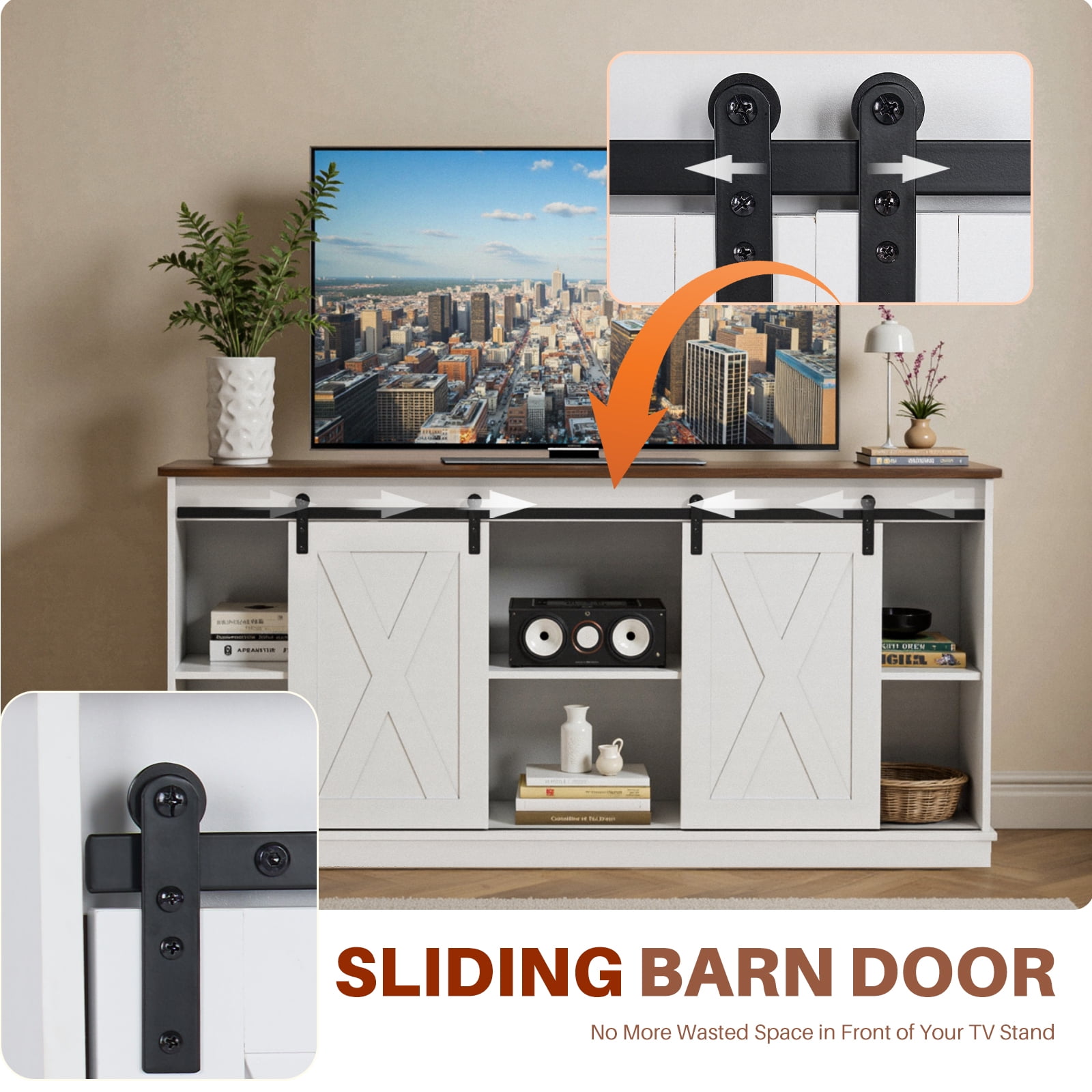 GIANNA TV Stand for Televisions up to 65 Inch, Entertainment Center with Sliding Barn Doors, Storage Cabinets and Media Shelves, Living Room Console Table, White