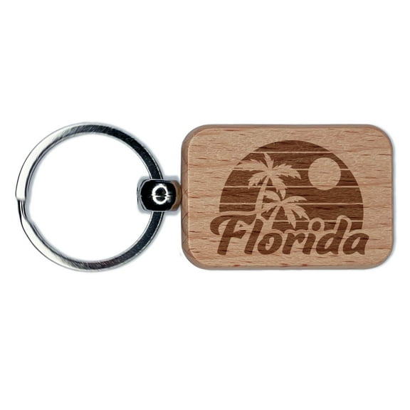 Florida Destination Tropical Sunset with Palm Trees Rectangle Keychain Charm Tag - Engraved Wood