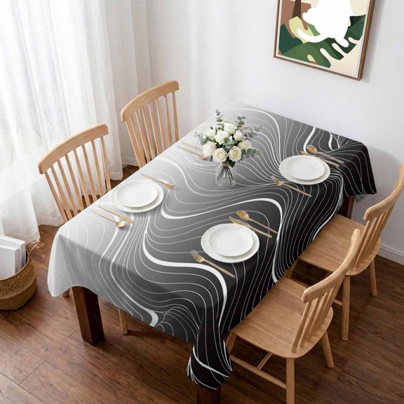 Black Geometric Table Cloth Waterproof Tablecloths, Modern White Stripe Abstract Distortion Art Tablecloth Dining Table Cover for Kitchen Party Tabletop Outdoor, Rectangle Tablecloth 52x70 Inch
