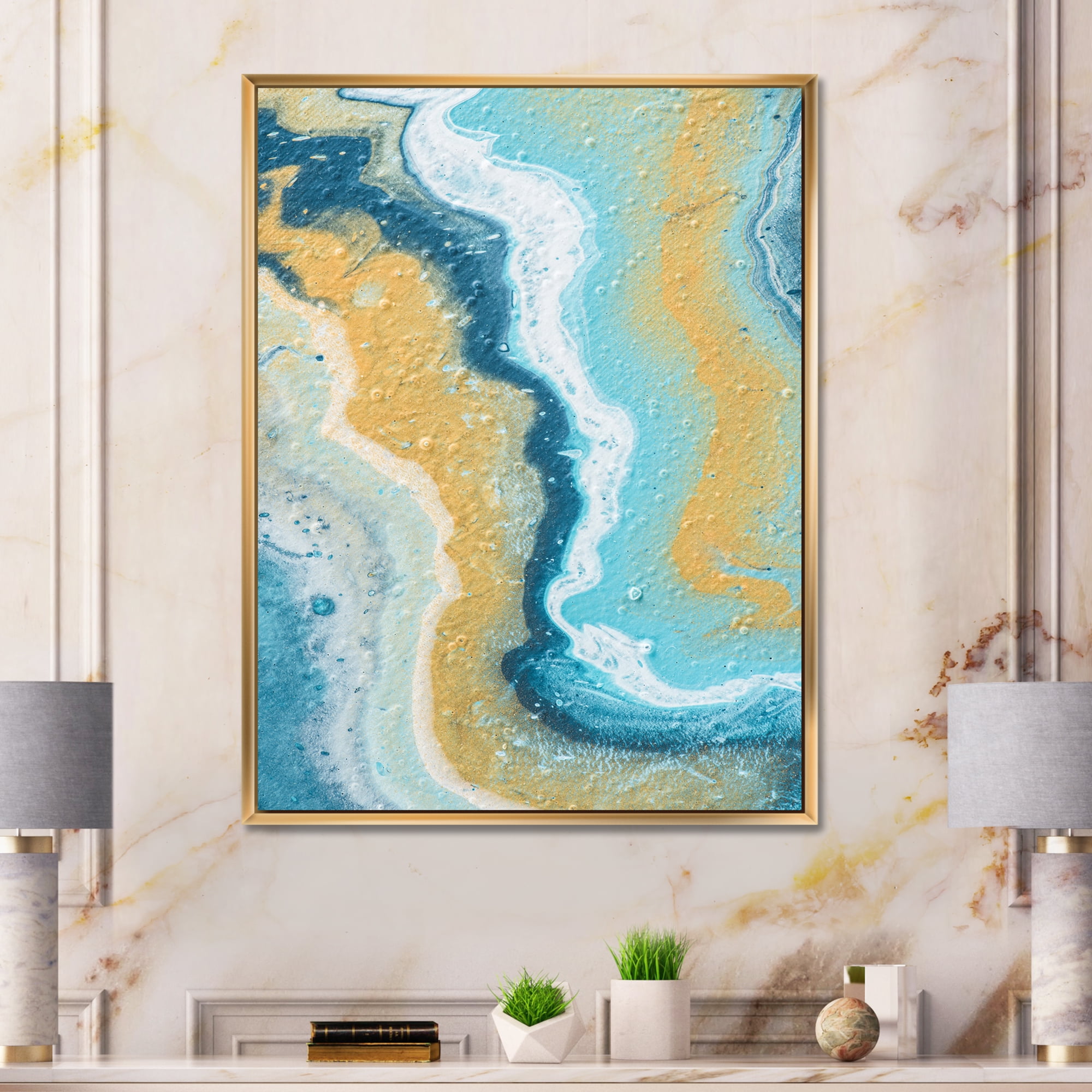 Abstract Marble Composition In Blue and Yellow III 16 in x 32 in Framed Painting Canvas Art Print, by Designart