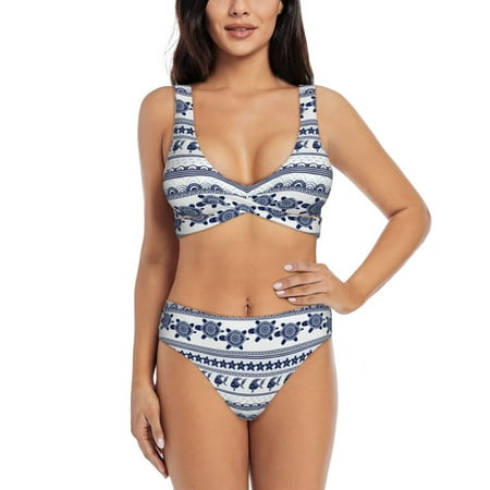 Zeuib Sea Underwater Turtles High Waisted Tummy Control Bikini Set - Knot Front Push Up Top & Cheeky Thong Bottom  Two-Piece Swimsuit for Women-Large
