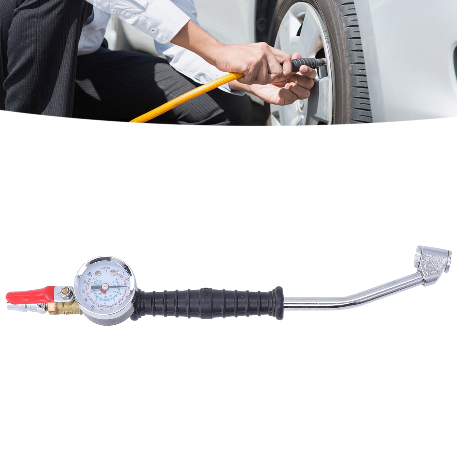 Tire Inflator With Pressure Gauge, Accurate Wide Use Elbow Head 0-220psi Tires Inflators Head  For Car For Motorcycle