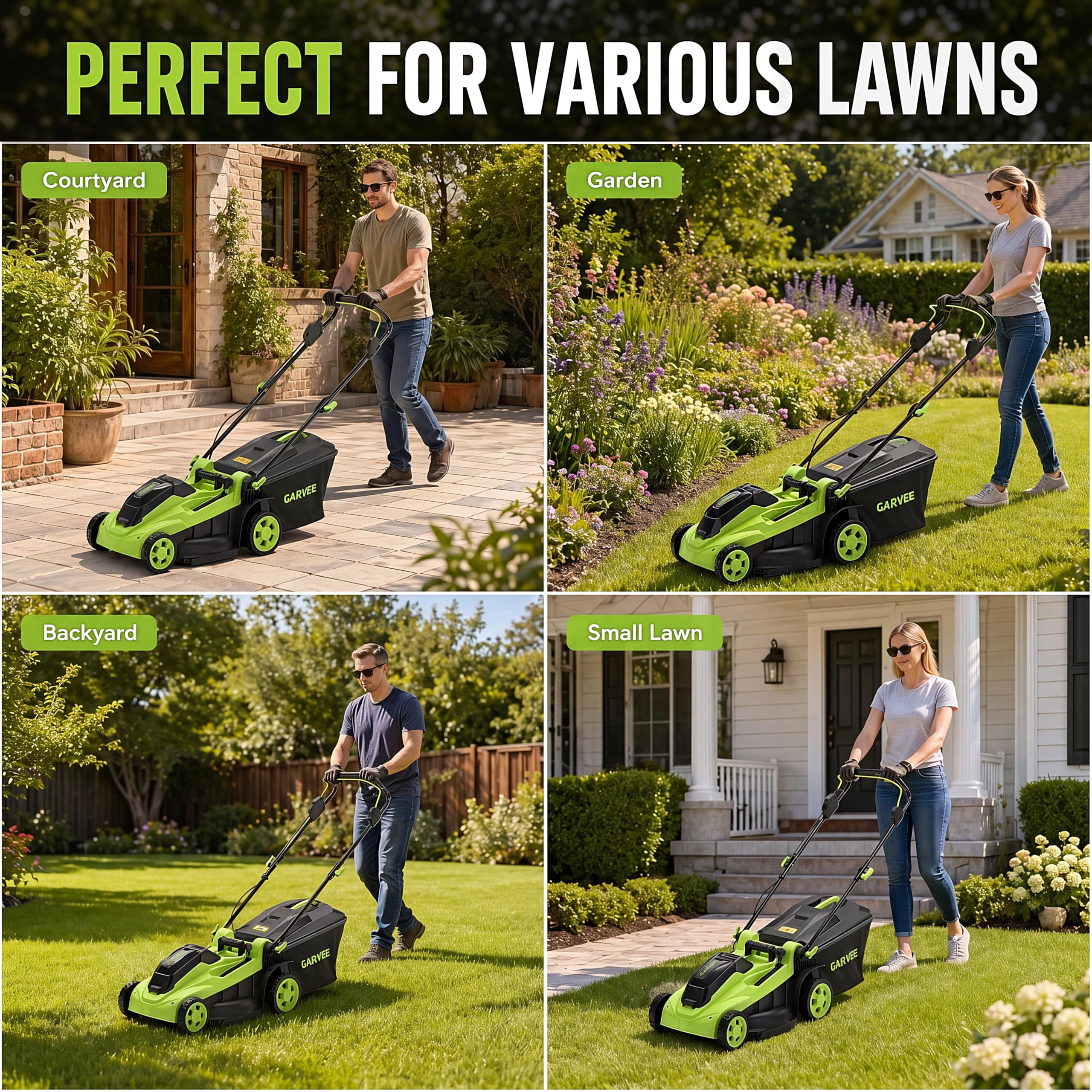 40V Cord-free Push Lawn Mower, 17" Deck - 6 Height Settings - Mulching & Bagging - Lightweight Walk-Behind for Small to Medium Lawns - 40L Grass Bag - Black + Green 2290u