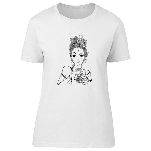 Cute Floral Lady With Camera T-Shirt Women -Image by Shutterstock, Female x-Large