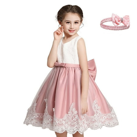

WEAIXIMIUNG White Dresses New Bow Lace Dress Summer Girl Dress Wind Cake Dress Girl and Hair Band