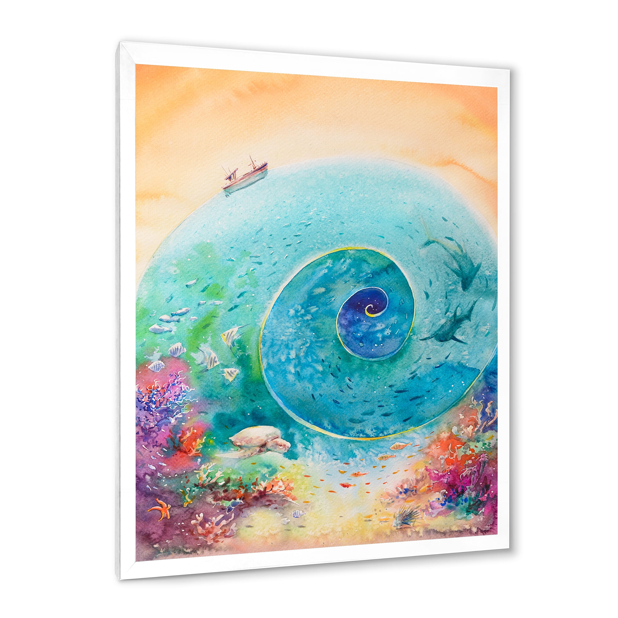 Designart 'Coral Reef Fishes With Turquoise Ocean Spiral' Nautical & Coastal Framed Art Print