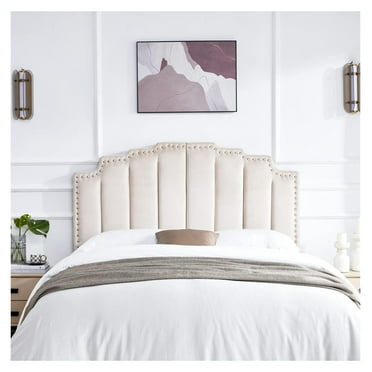 Drevy Century Headboard for Queen Size Bed,Velvet Upholstered Tufted Bed Headboard with Nailhead Decor,Adjustable Curved Solid Wood Head Board Vertical Channel Design (Medium Beige)