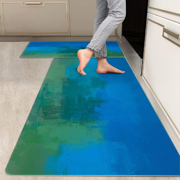 2 Pieces Kitchen Rugs, Abstract Anti Fatigue Non Slip Foam Cushioned Blue Green Art Modern Graffiti Comfort Indoor Floor Mat Runner Rug Set for Laundry Office Sink Bathroom (17"x48" 17"x24")