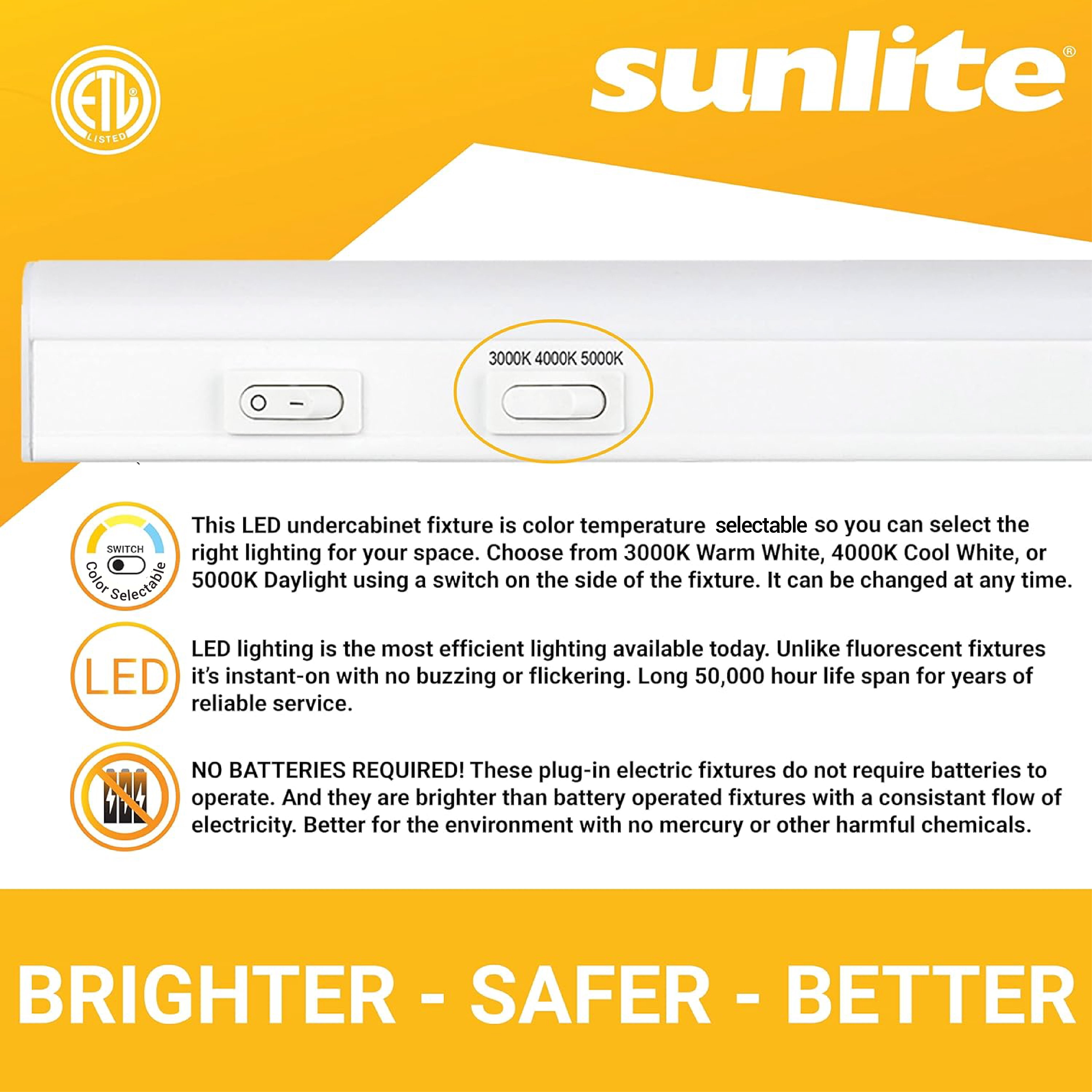 Sunlite LED Linkable Under Cabinet Light Fixture, Adjustable Color 30K/40K/50K, 12 Watts, 1200 Lumens, Kitchens, Bathrooms, Offices, Workbenches, ETL Listed, 34 inch, CCT