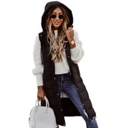 CenturyX Womens Hooded Long Waistcoat Thick Vest Sleeveless Zipper Winter Warm Jacket Casual Padded Quilted Vest Black L