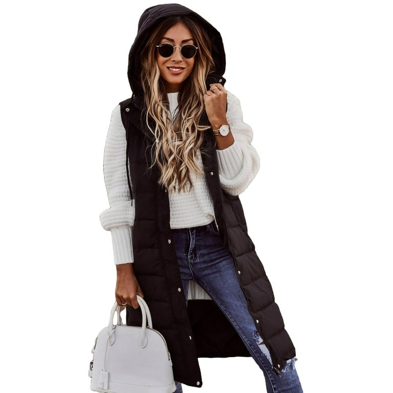Women Warm Keeping Long Gilet Solid Colour Sleeveless Zipper Puffer Jacket  Hooded Waistcoat Midi Length Down Vest Thicken Quilted Coat Padded Outwear  Streets 