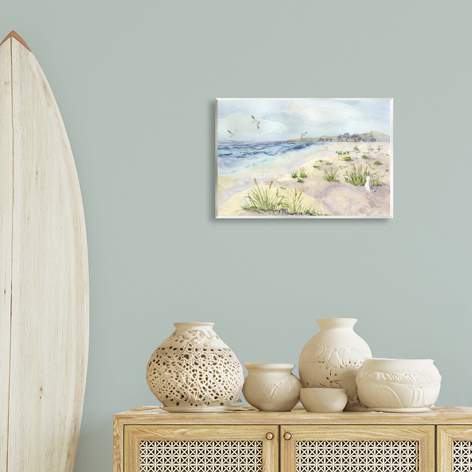 Stupell Industries Seagulls Over Beach Landscape Painting Unframed Art Print Wall Art, 19 x 13